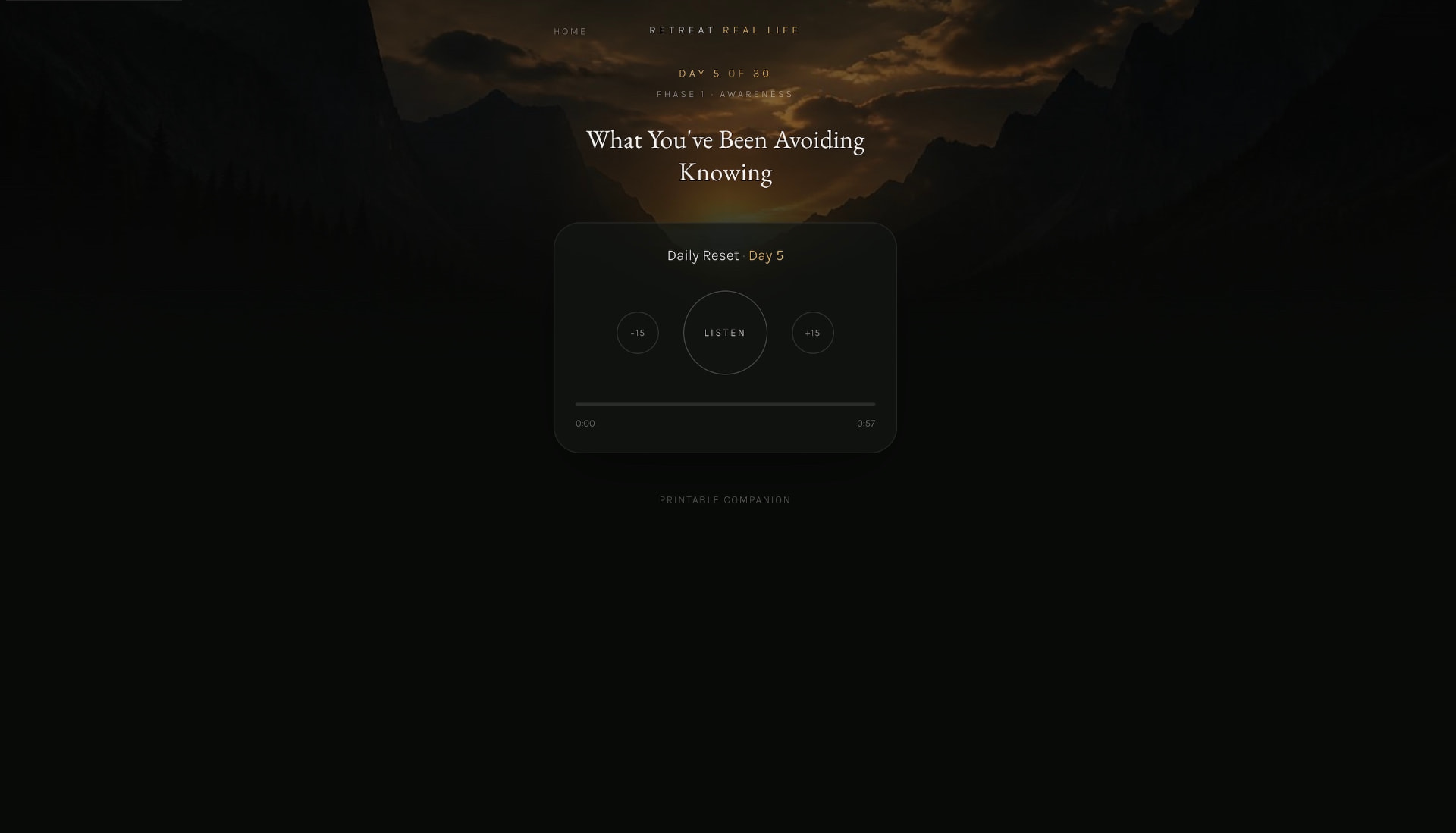 Morning Arrival Daily Reset audio player for Day 5 with listen, minus fifteen and plus fifteen controls and a timeline.