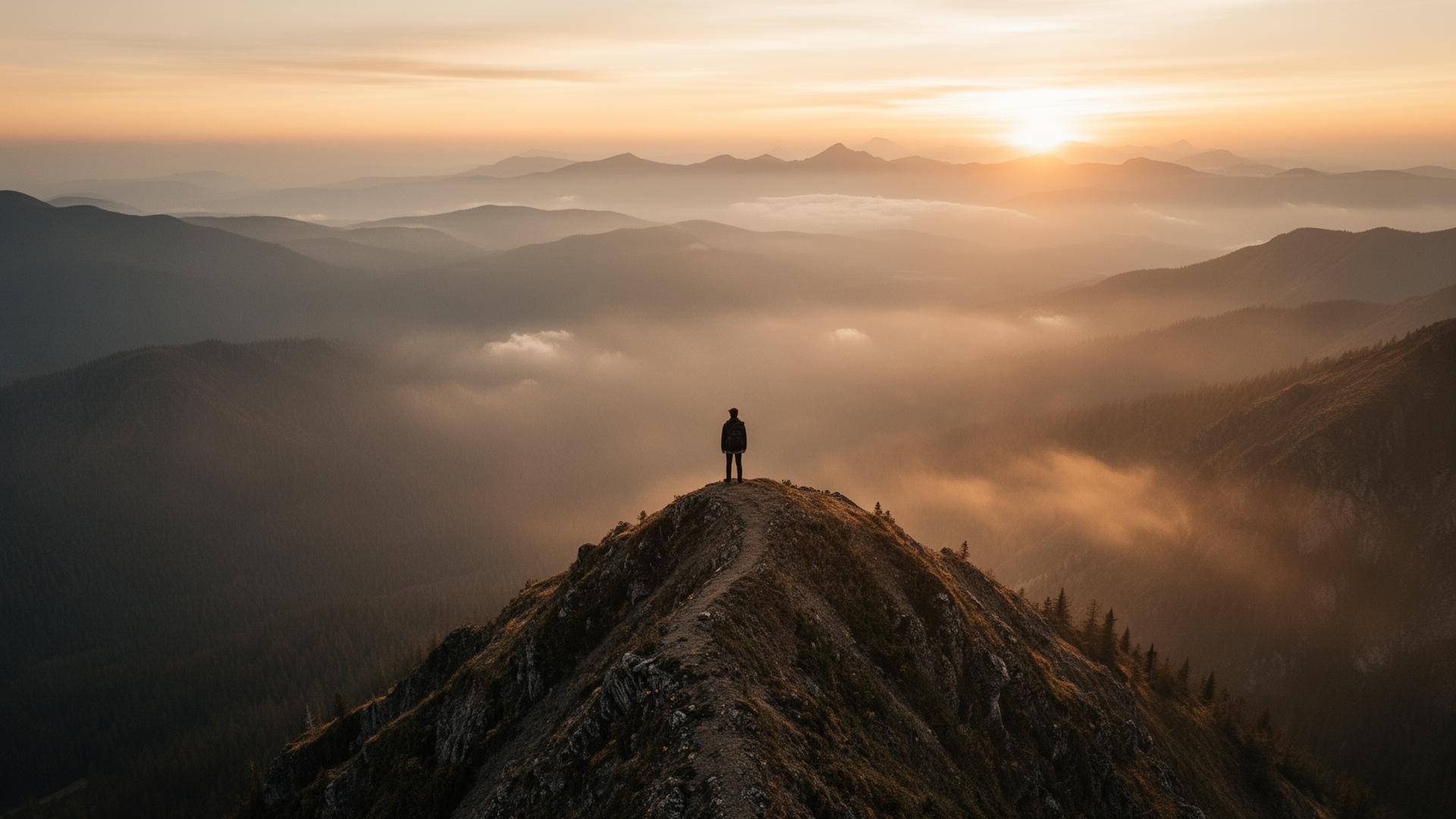 A solitary figure at the edge of a vast landscape at first light.